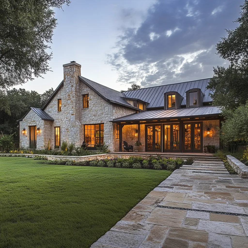 luxury residential home exterior with stone facade and landscaped walkway