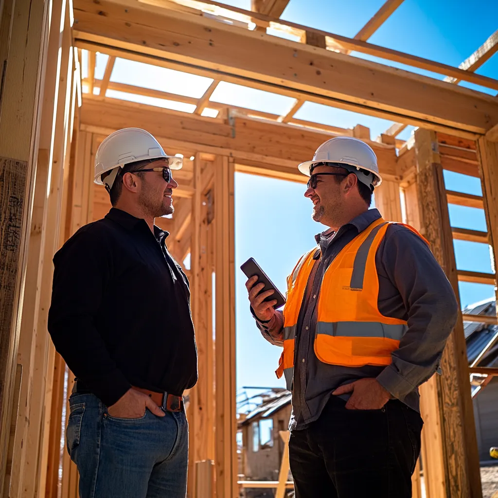 construction professionals discussing a building project at a residential construction site