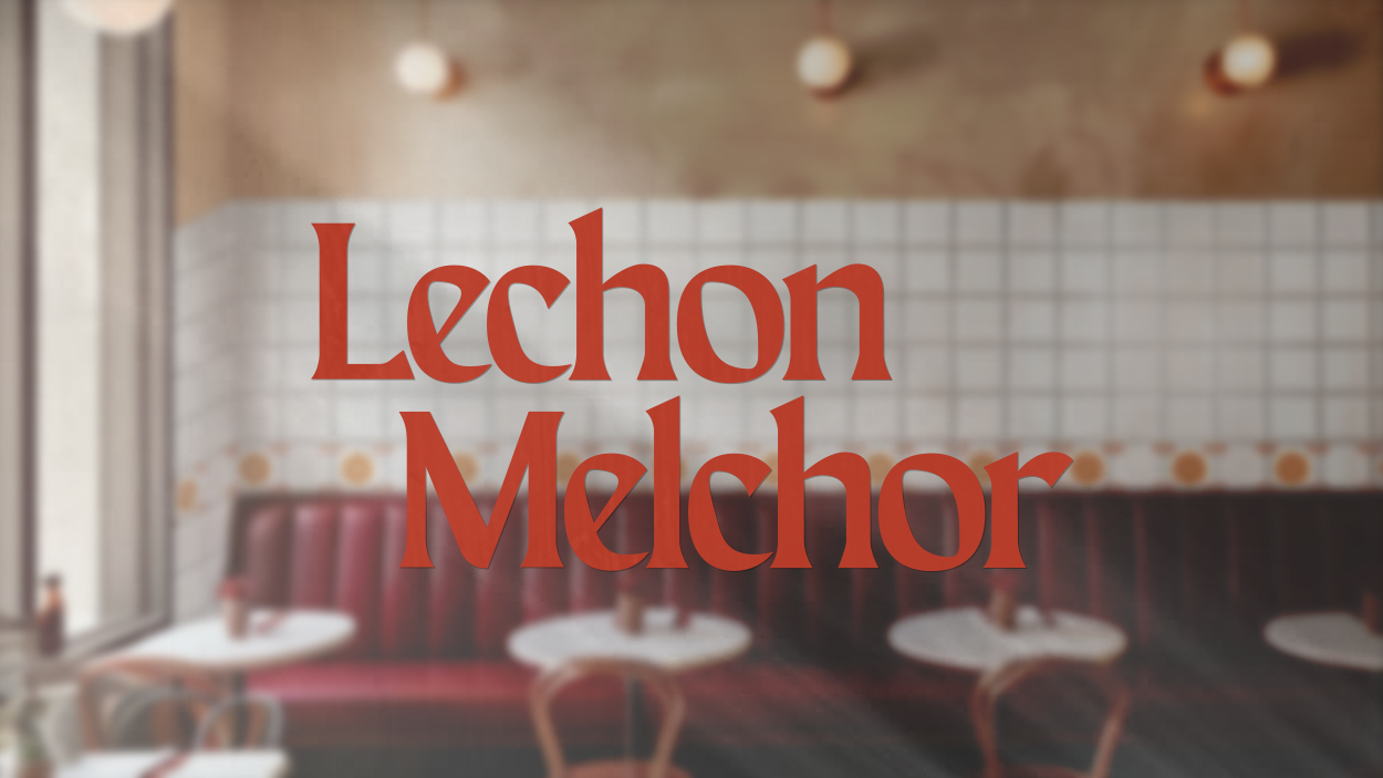 A window graphic of a conceptual restaurant called Lechon Melchor