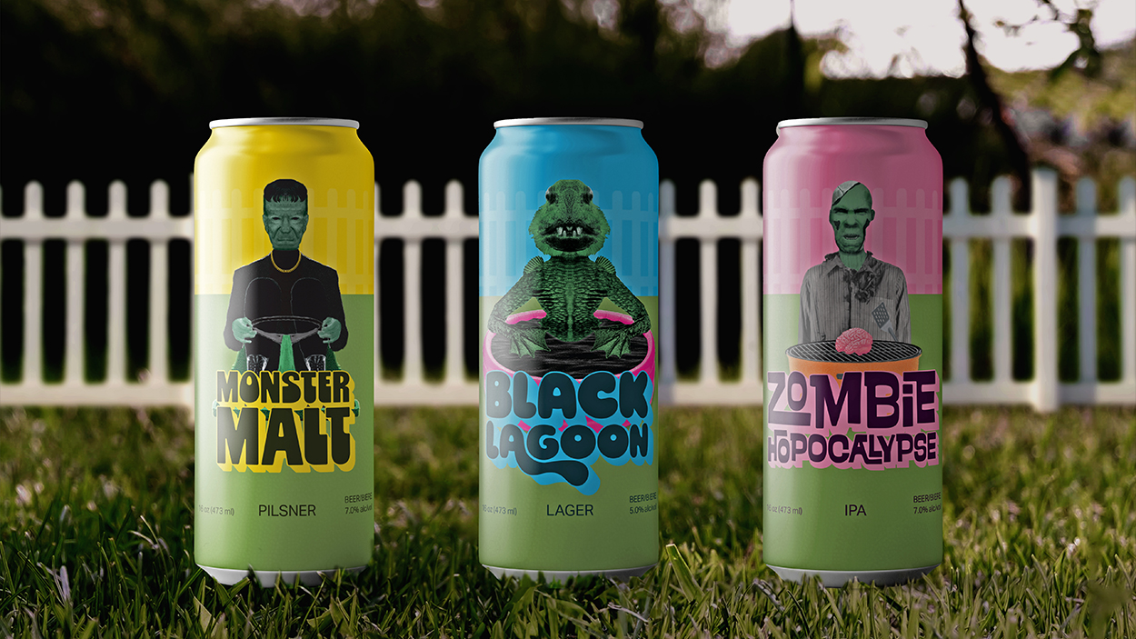 A Photo of 3 Monster themed beers on an outdoor lawn in summer