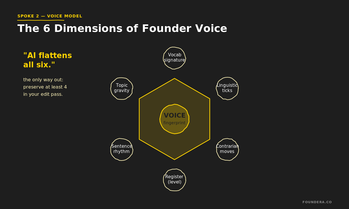 Founder voice fingerprint: 6 dimensions — vocab, topic gravity, rhythm, register, contrarian moves, linguistic ticks