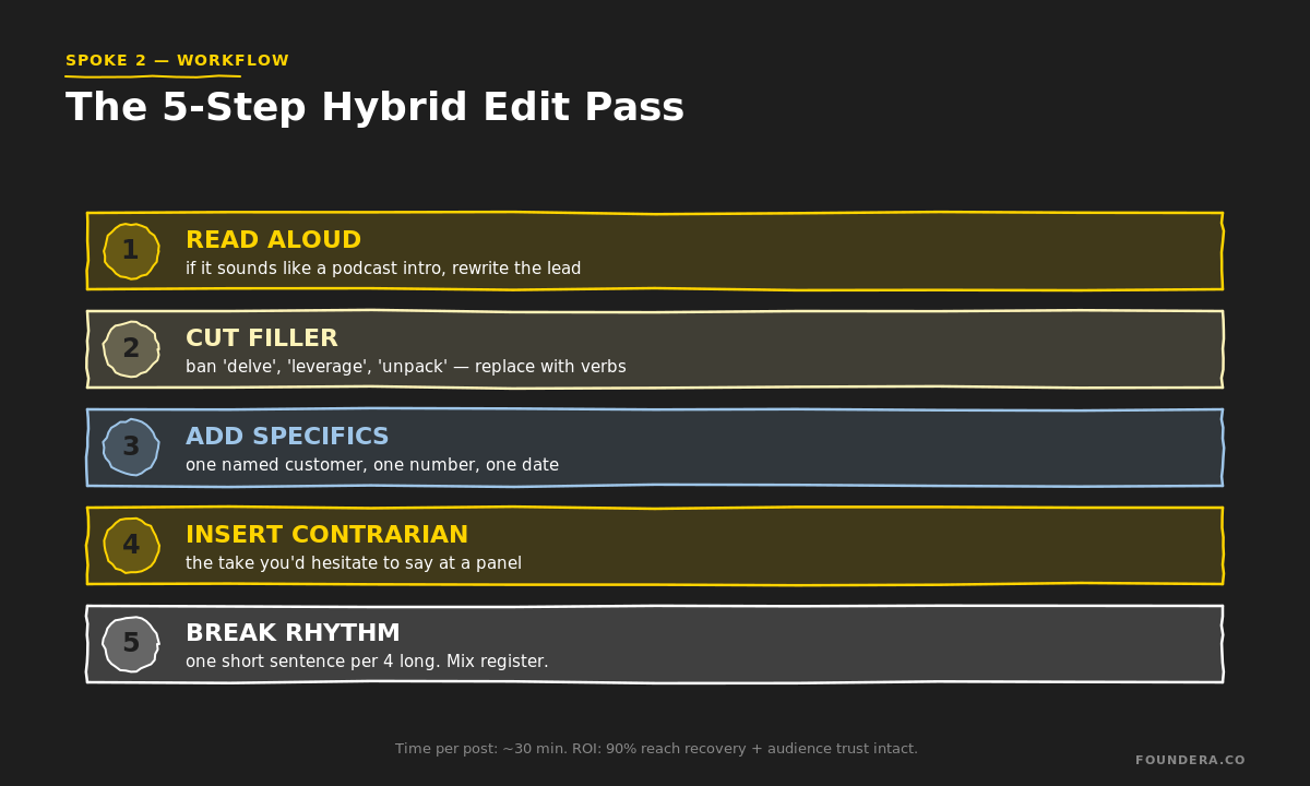5-step founder edit pass to keep AI content human: read aloud, cut filler, add specifics, insert contrarian, break rhythm