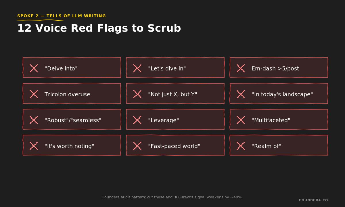 12 LLM voice red flags to scrub from founder posts: delve, leverage, robust, multifaceted, fast-paced world, em-dash overuse