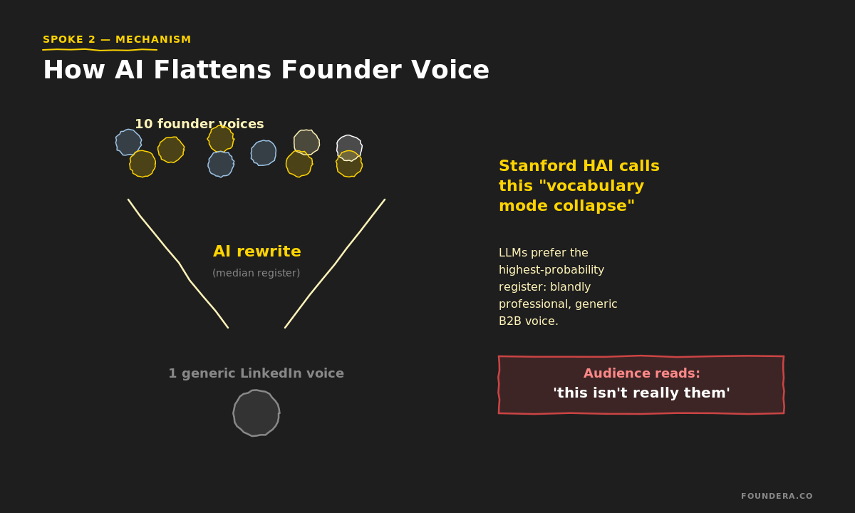 How AI flattens founder voice: 10 distinct voices collapse to 1 median LinkedIn register (Stanford HAI mode collapse)