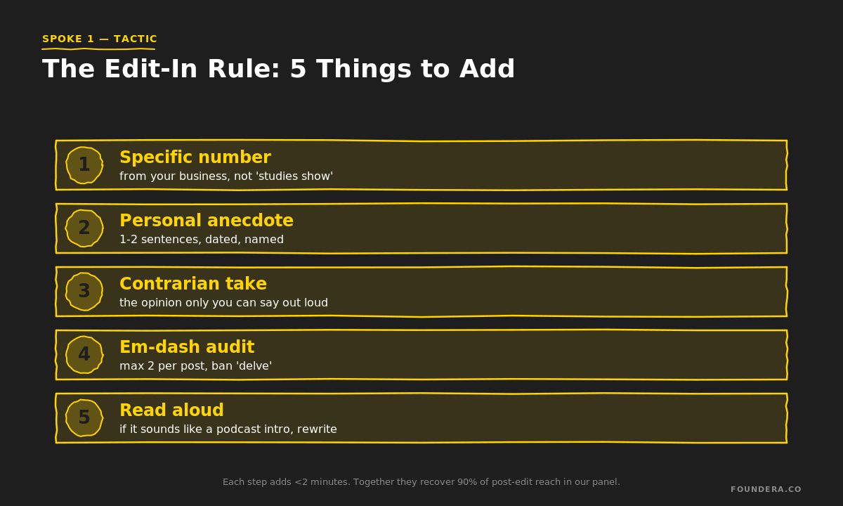 LinkedIn AI content edit-in rule — 5 steps to dodge 360Brew: number, anecdote, contrarian, em-dash audit, read aloud