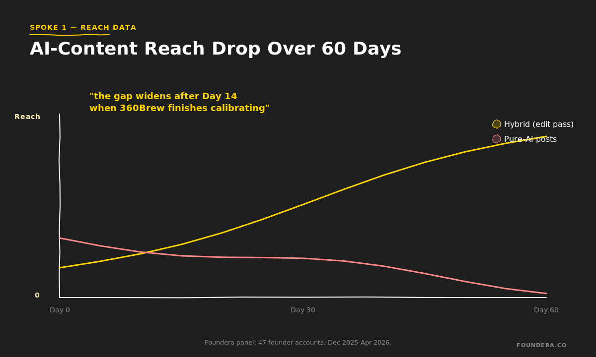 LinkedIn reach over 60 days: pure-AI posts decline after Day 14 while hybrid AI-edited posts keep climbing (47-account panel)