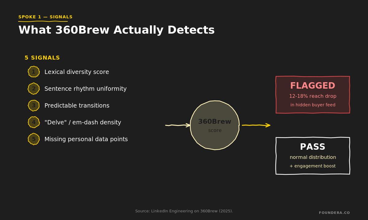 LinkedIn 360Brew AI detection — 5 signals: lexical diversity, sentence rhythm, transitions, em-dash density, missing data
