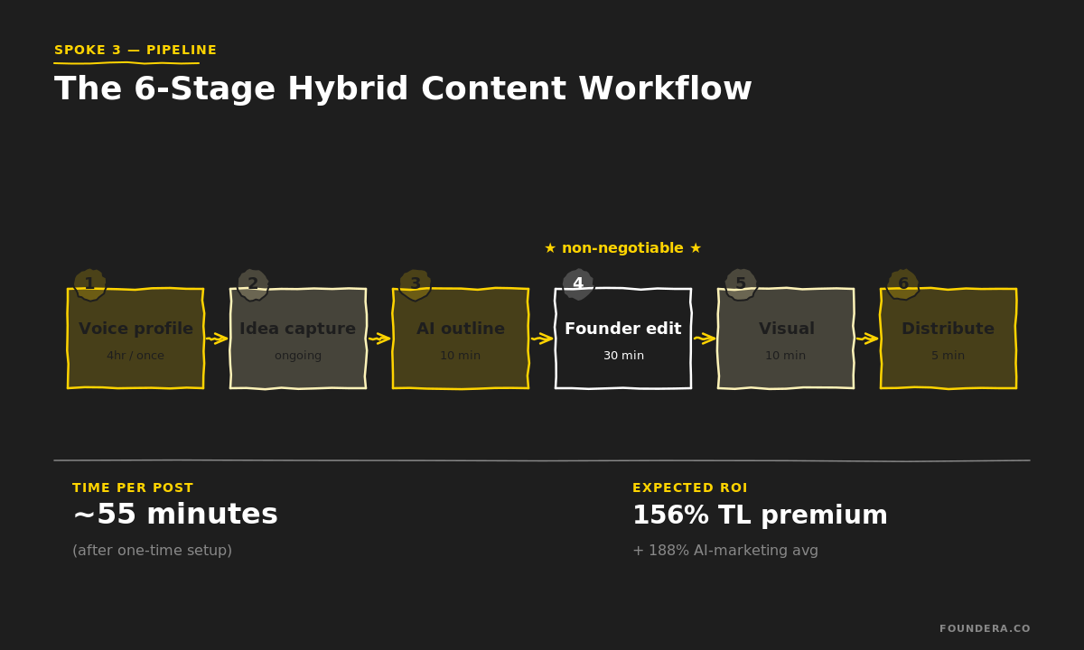 Hybrid AI content workflow for founders: 6 stages (voice, idea, AI outline, edit, visual, distribute) at 55 min/post