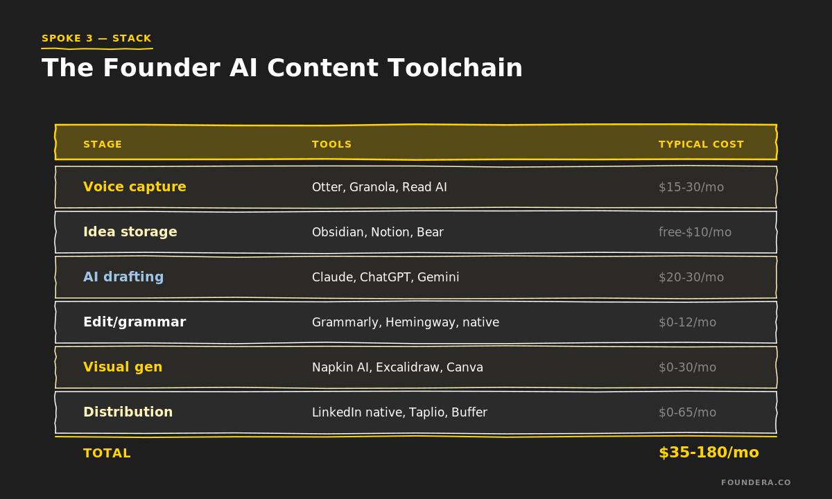 Founder AI content toolchain 2026: voice capture, idea storage, drafting, editing, visuals, distribution — $35-180/month