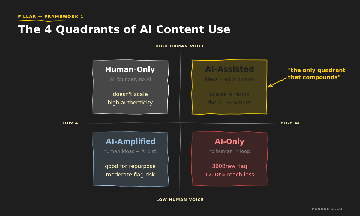 AI founder marketing framework: 4 quadrants of use — Human-Only, AI-Assisted, AI-Amplified, AI-Only — with 360Brew impact