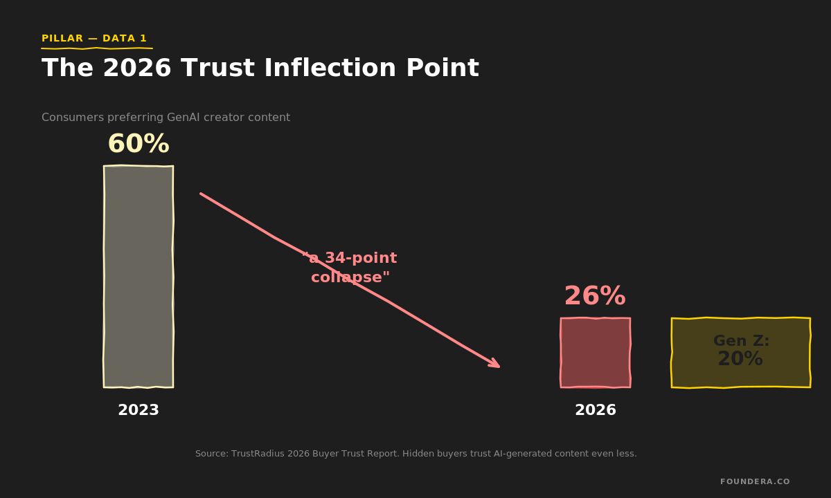 Buyer trust in AI content collapsed 60% (2023) to 26% (2026), per TrustRadius — Gen Z trust 20%