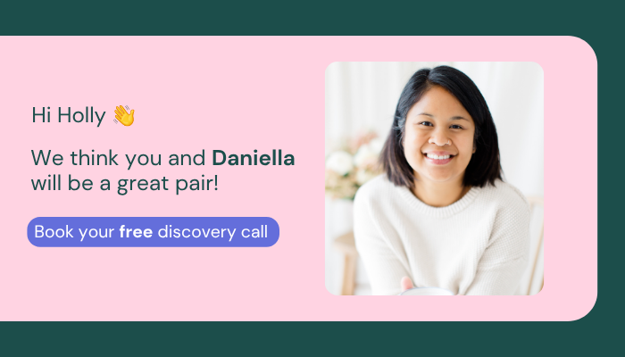 Smiling woman in white sweater with text about booking a free discovery call with Daniella.