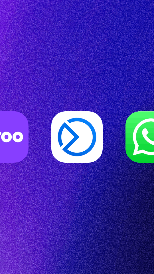 Three app icons on a purple and blue gradient background including Yahoo Mail, a white icon with a blue circular design, and WhatsApp.
