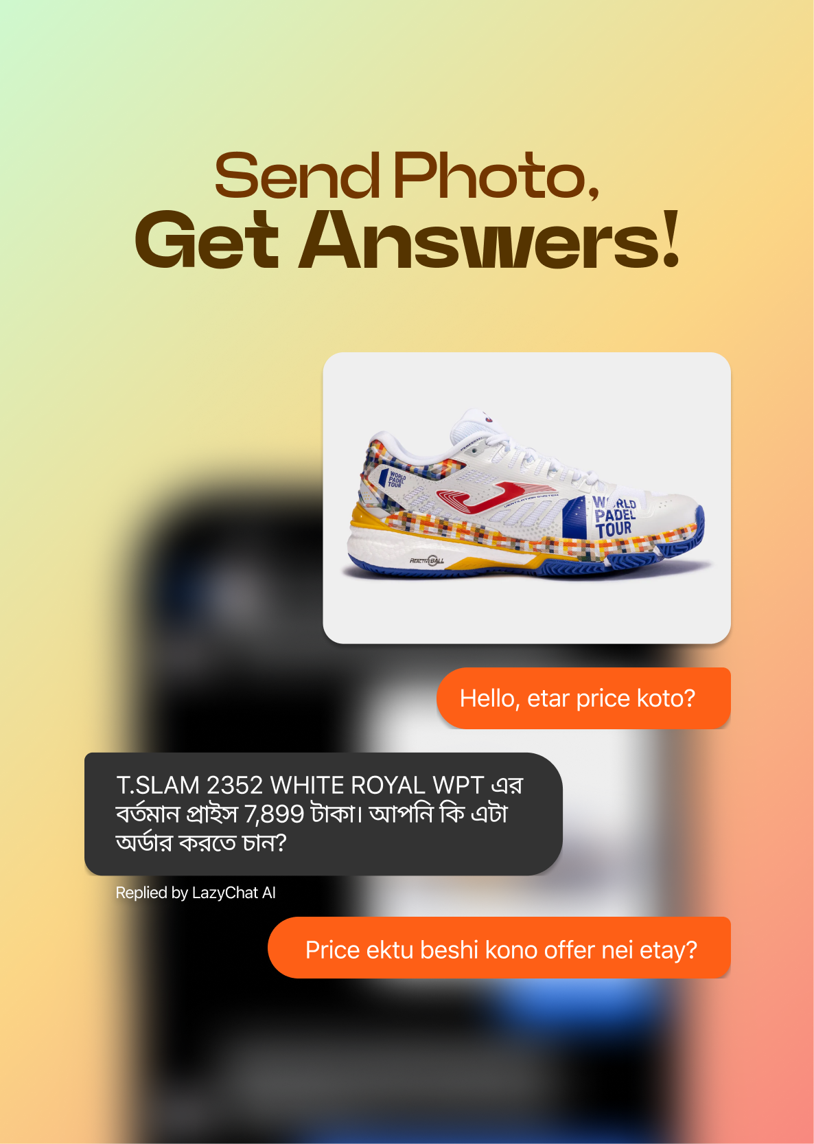 Smartphone screen displaying a chat conversation about a white and blue sports shoe, with messages in English and Bengali discussing its price and order.