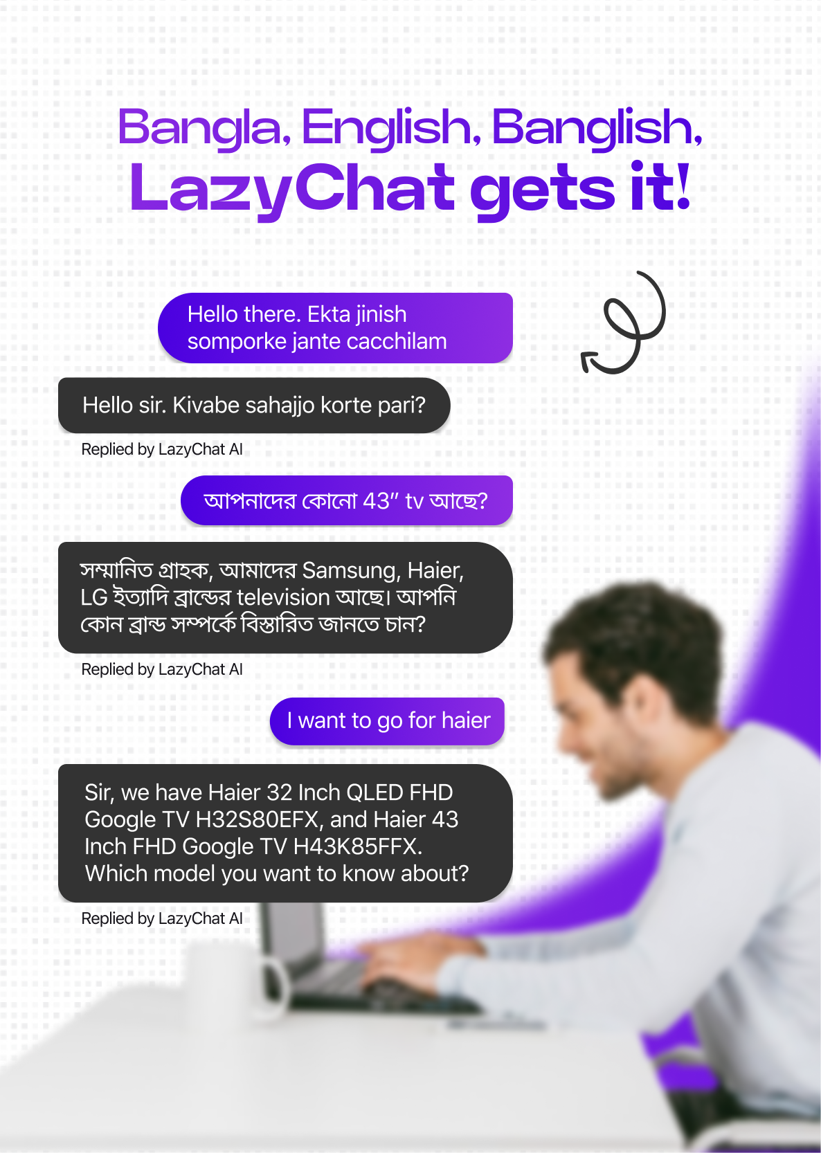 Smartphone screen showing a chat conversation with LazyChat business chat, including welcome messages and multilingual text.