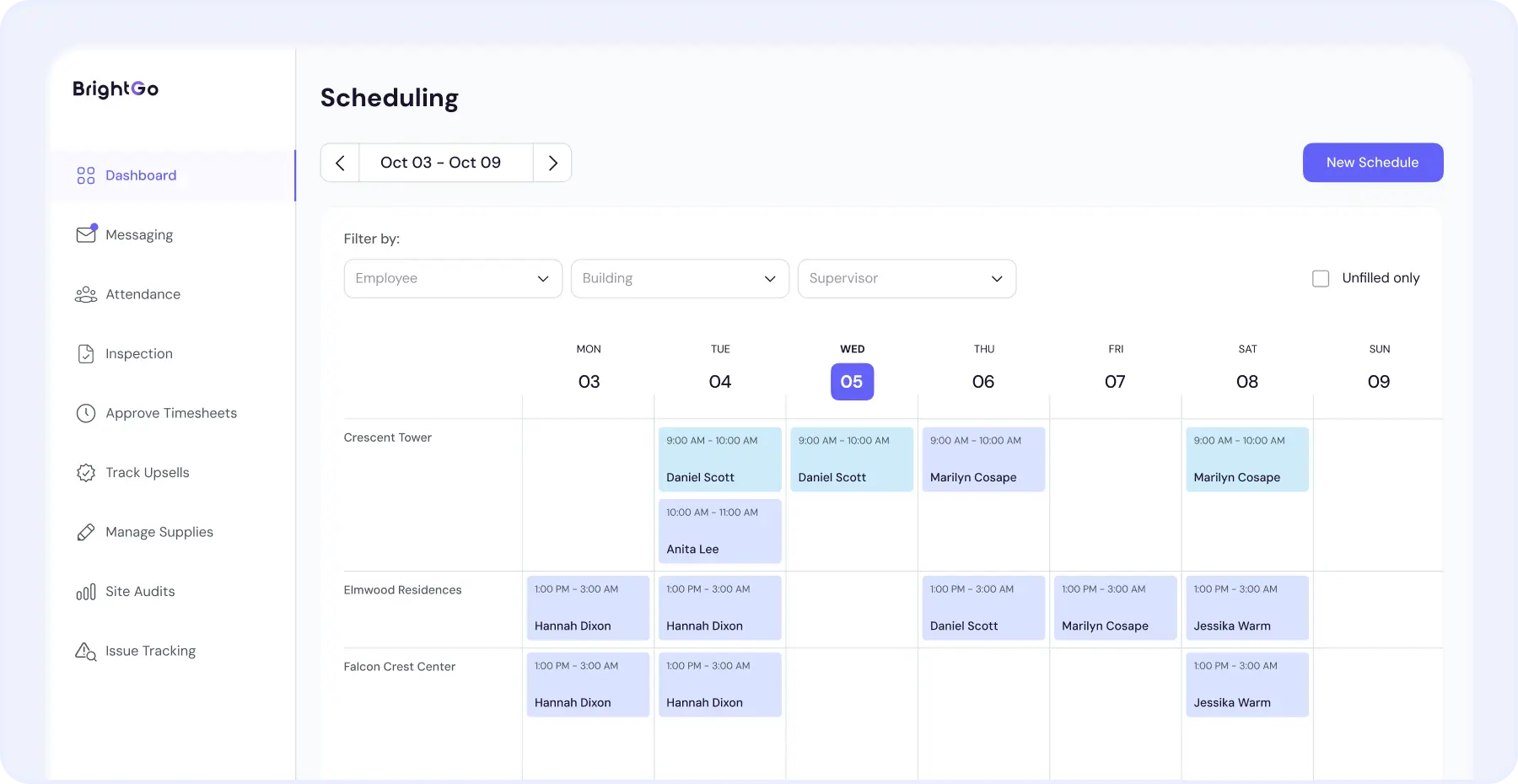 Janitorial scheduling dashboard showing buildings, cleaners, and filters tied to budgets and labor hours.