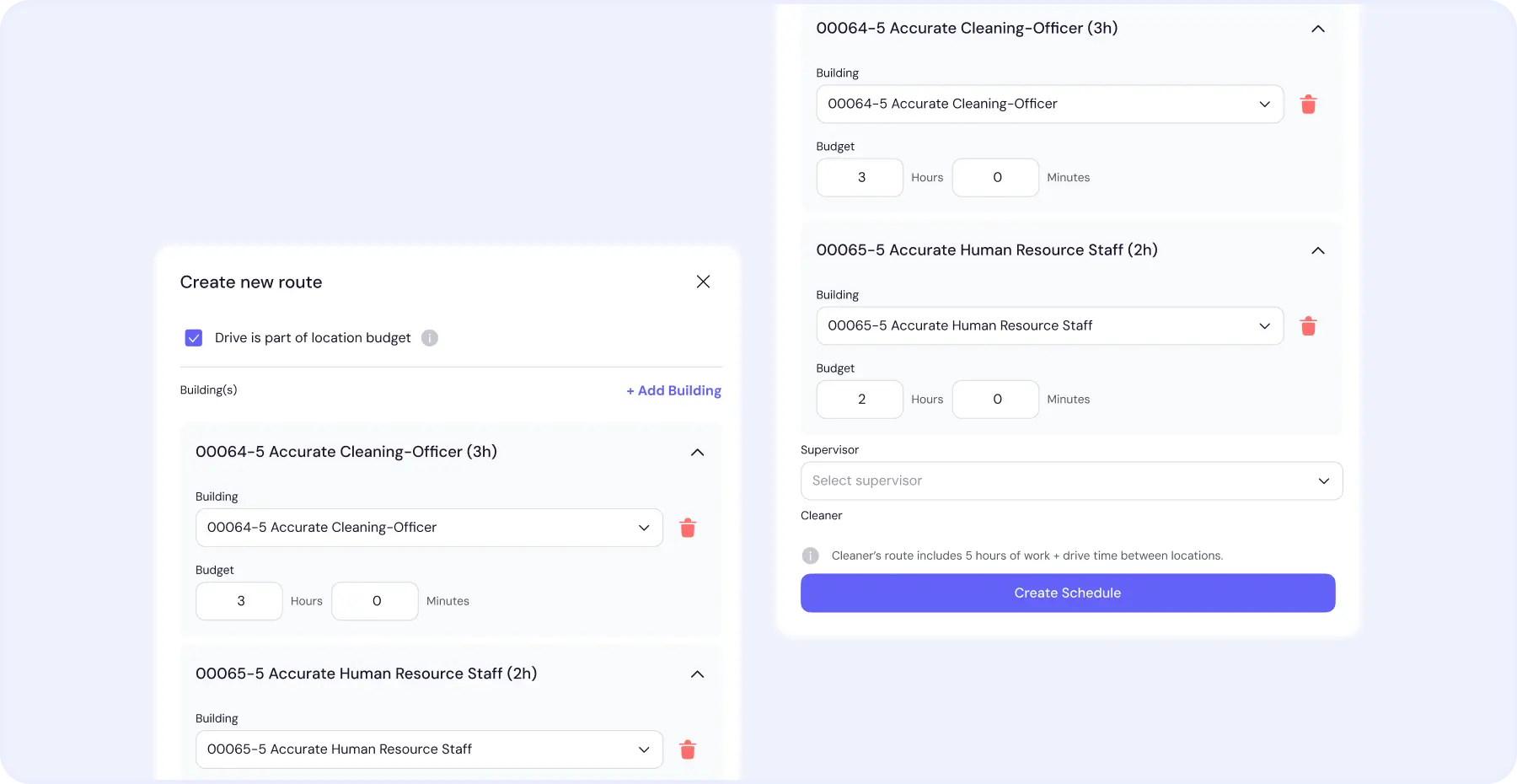Route scheduling with multi-building assignments and drive-time tracking for accurate labor costing.