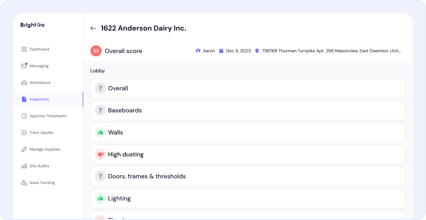 Completed janitorial inspection report automatically generated for client-ready documentation.