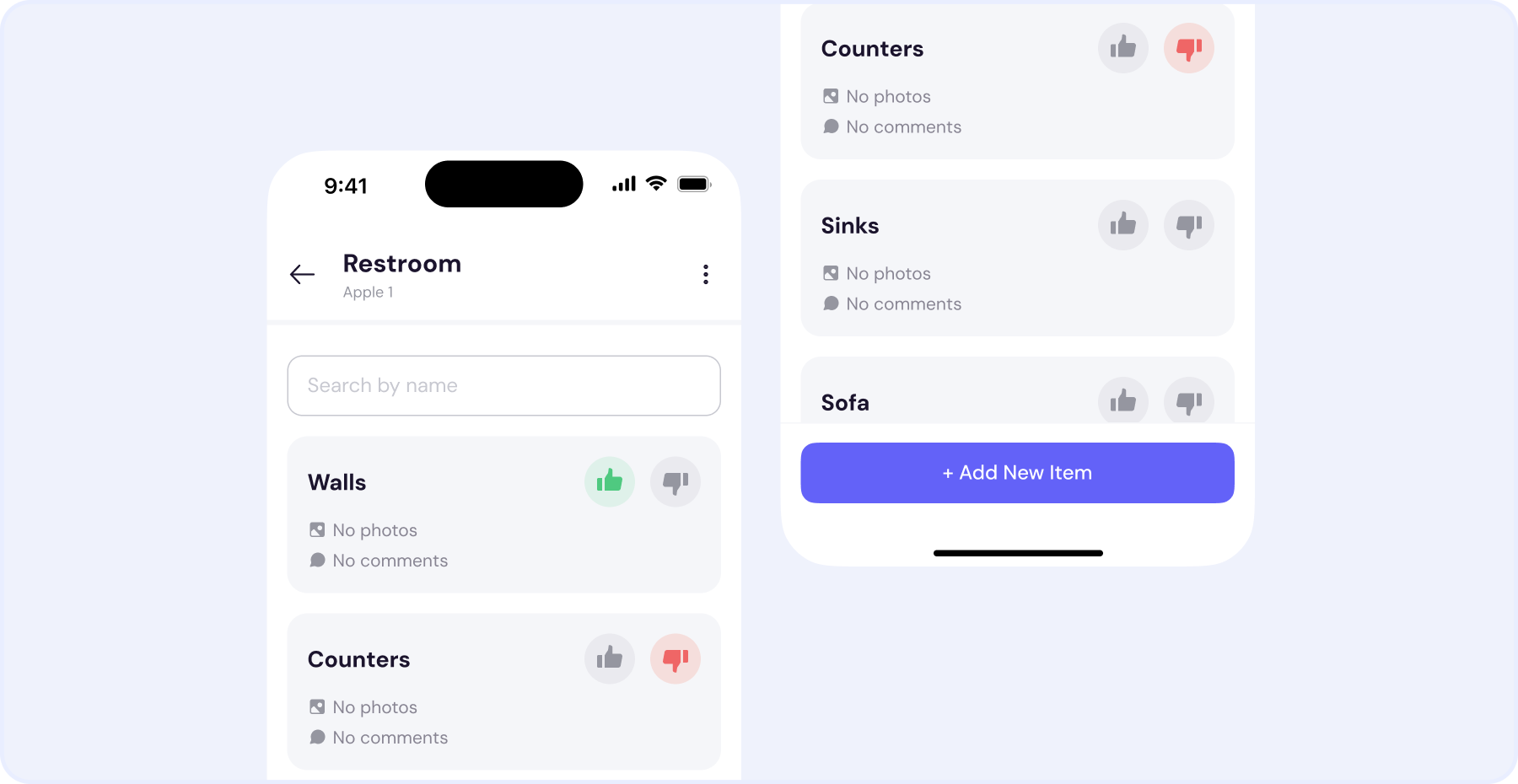 Mobile janitorial inspection app showing photo logging and pass/fail scoring for real-time quality control.