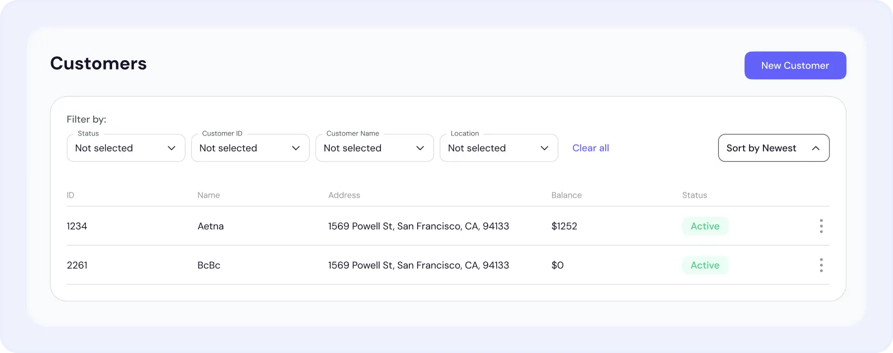 Customer list in BrightGo Accounting linking billing, jobs, and open balances for janitorial contractors.