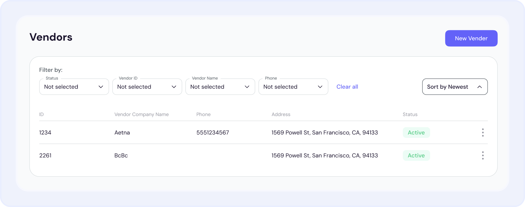 Vendor management list with payment terms and tax status for accurate accounts payable tracking.