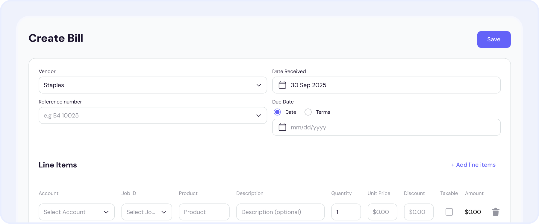 Accounts Payable bill entry screen linking vendor expenses directly to janitorial jobs.