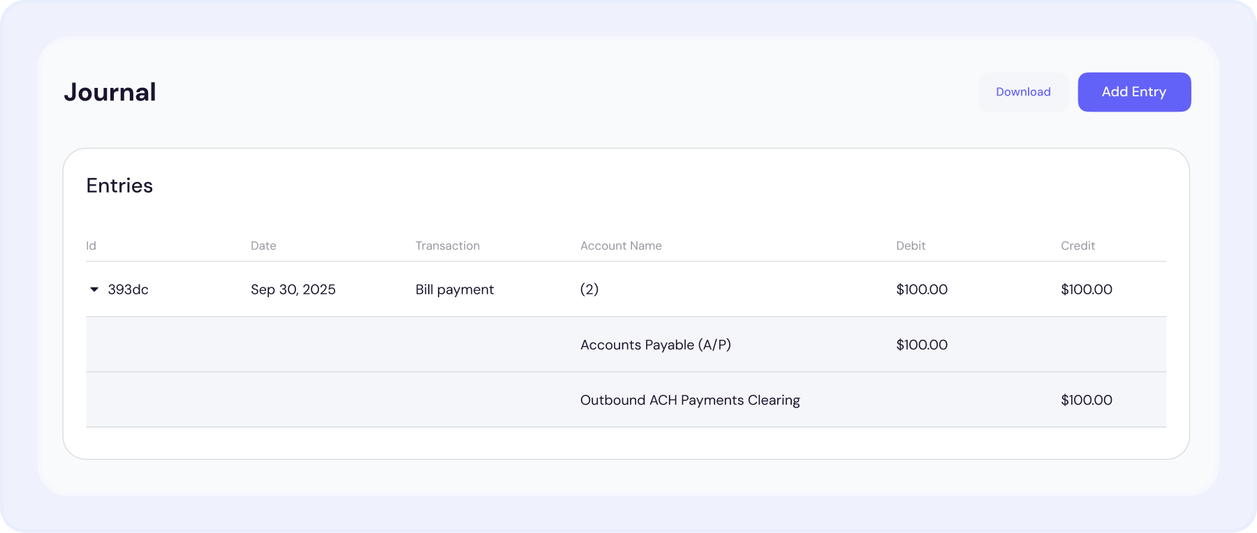 Double-entry accounting journal view ensuring accuracy across janitorial financials.