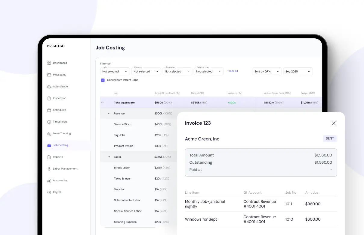 BrightGo janitorial software dashboard showing operations, accounting, and payroll features for commercial cleaning companies