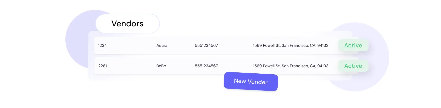 Vendor management list with payment terms and tax status for accurate accounts payable tracking.