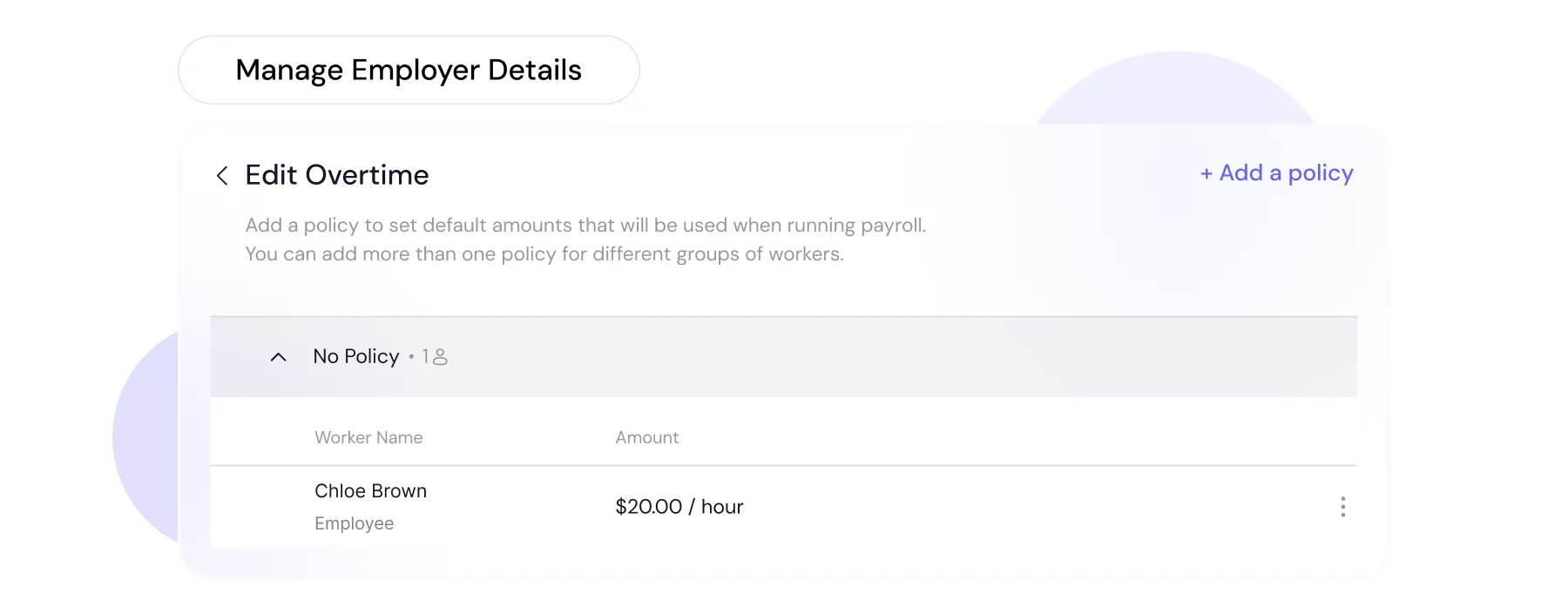 Overtime rules configuration showing daily/weekly multipliers and jurisdiction-specific payroll compliance.