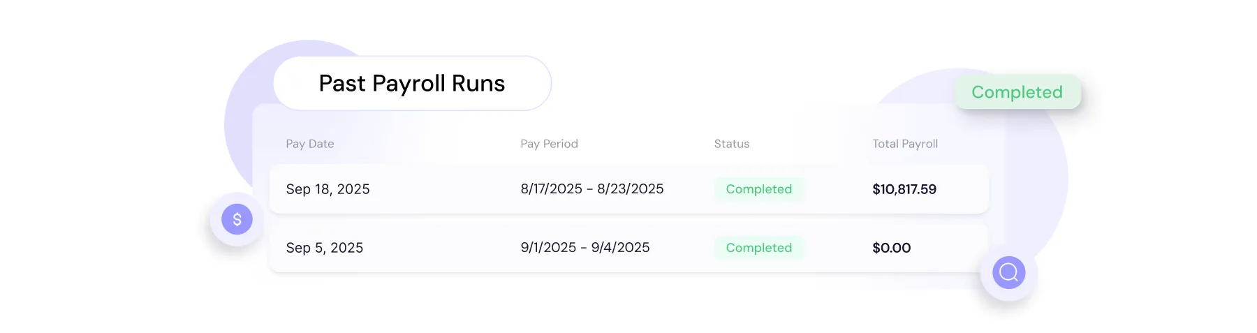 Payroll history summary listing past runs and export options for audits or reporting.