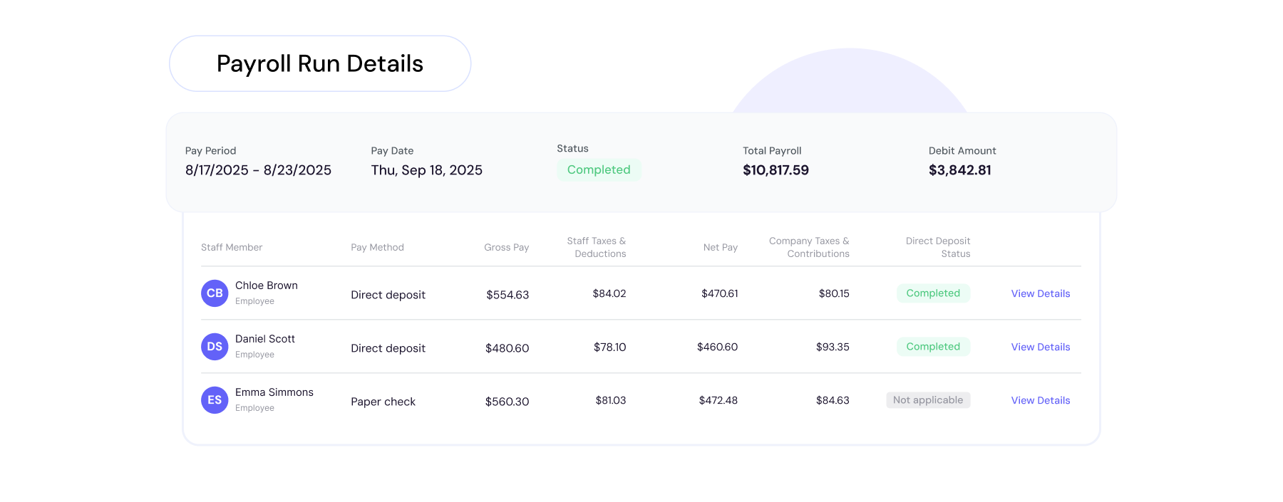 Employee earnings detail showing pay history, deductions, and contributions within BrightGo Payroll.