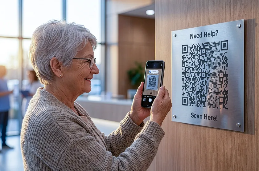 Smiling elderly woman scanning a QR code on a metal sign that says 'Need Help? Scan Here!' using her smartphone.