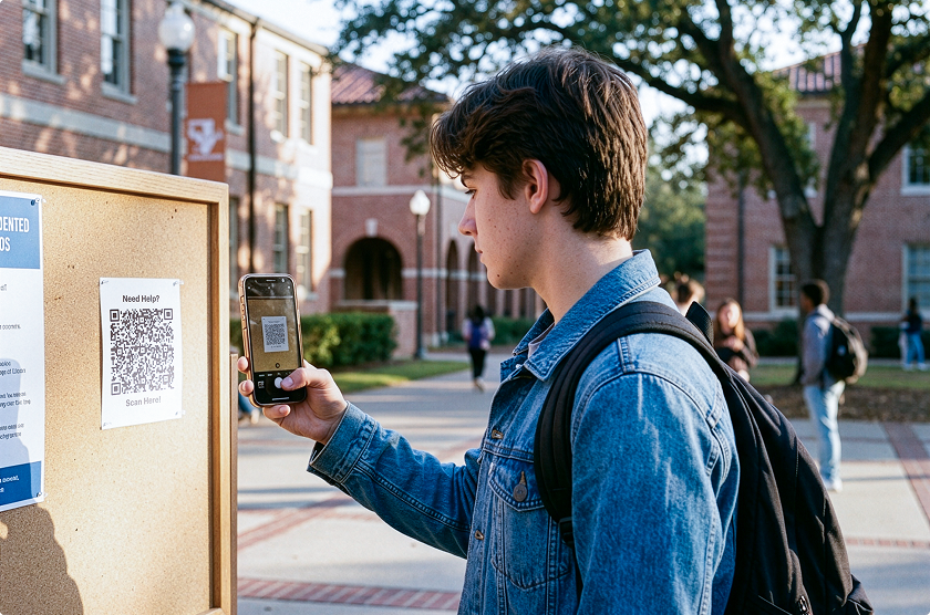 A young man in a denim jacket scans a QR code on a campus bulletin board using his smartphone.