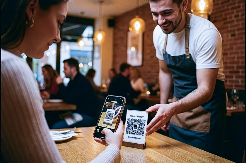 Smiling waiter in apron shows a QR code sign to a woman scanning it with her smartphone in a cozy restaurant.