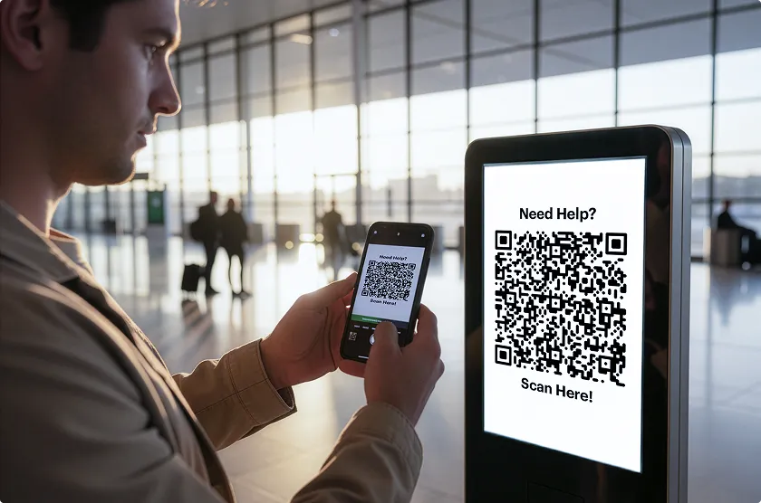 Man scanning a 'Need Help? Scan Here!' QR code on a digital kiosk with his smartphone in a modern, sunlit airport terminal.