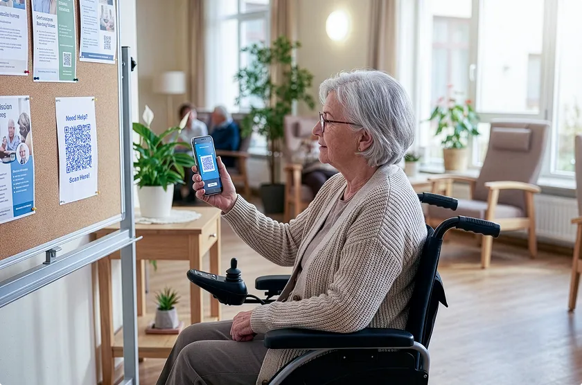 Elderly woman in a wheelchair scanning a QR code displayed on a bulletin board using her smartphone in a bright room with wooden furniture and plants.