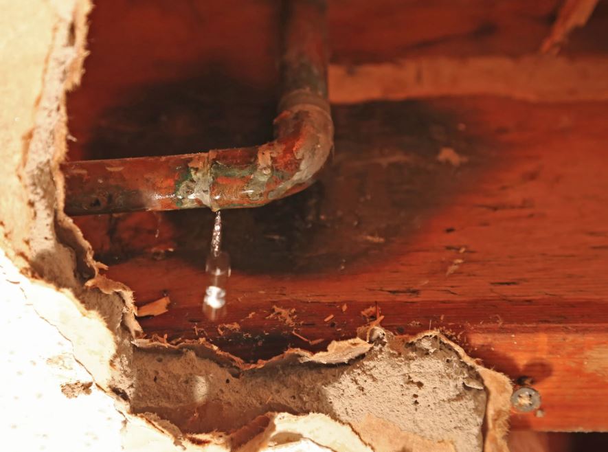 Leaking copper pipe in a wall.