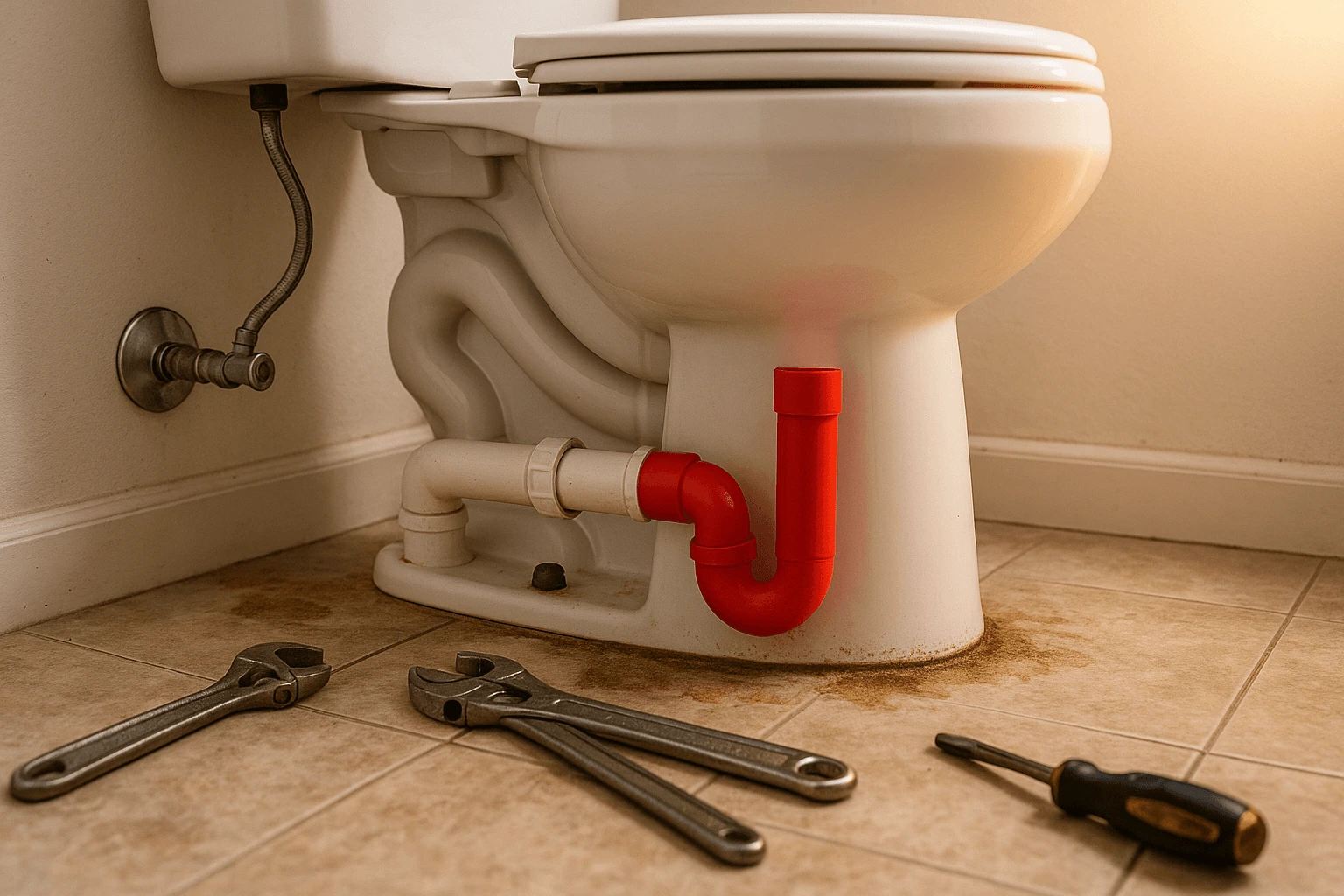 toilet next to plumbing tools