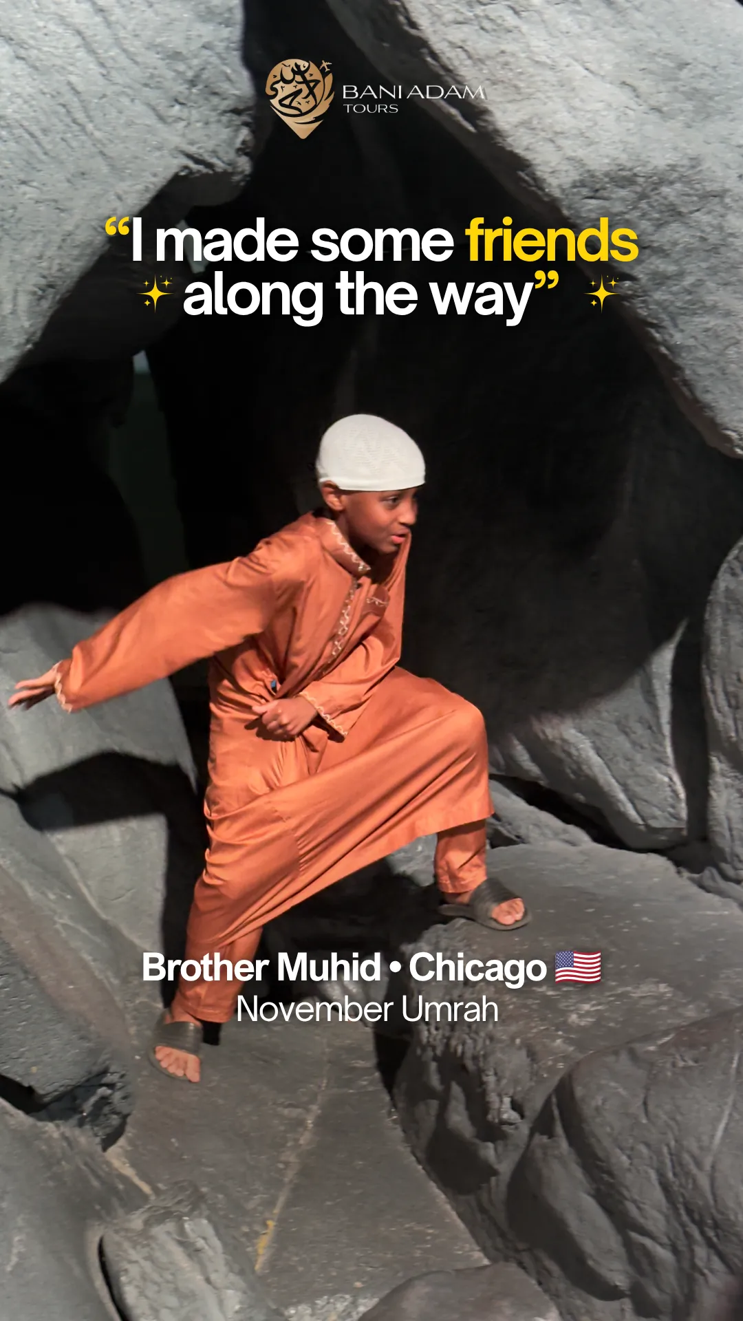 Muhid, an eight-year-old from Chicago, sharing his Umrah testimonial about the November Umrah package with Bani Adam Tours