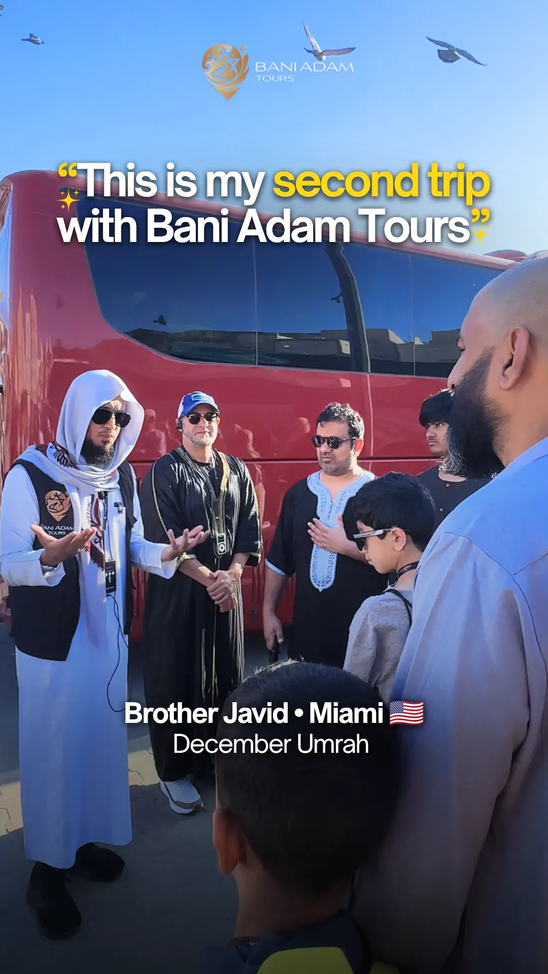 Javid from Miami sharing his Umrah testimonial about traveling with his wife and two sons on the December Umrah package with Bani Adam Tours