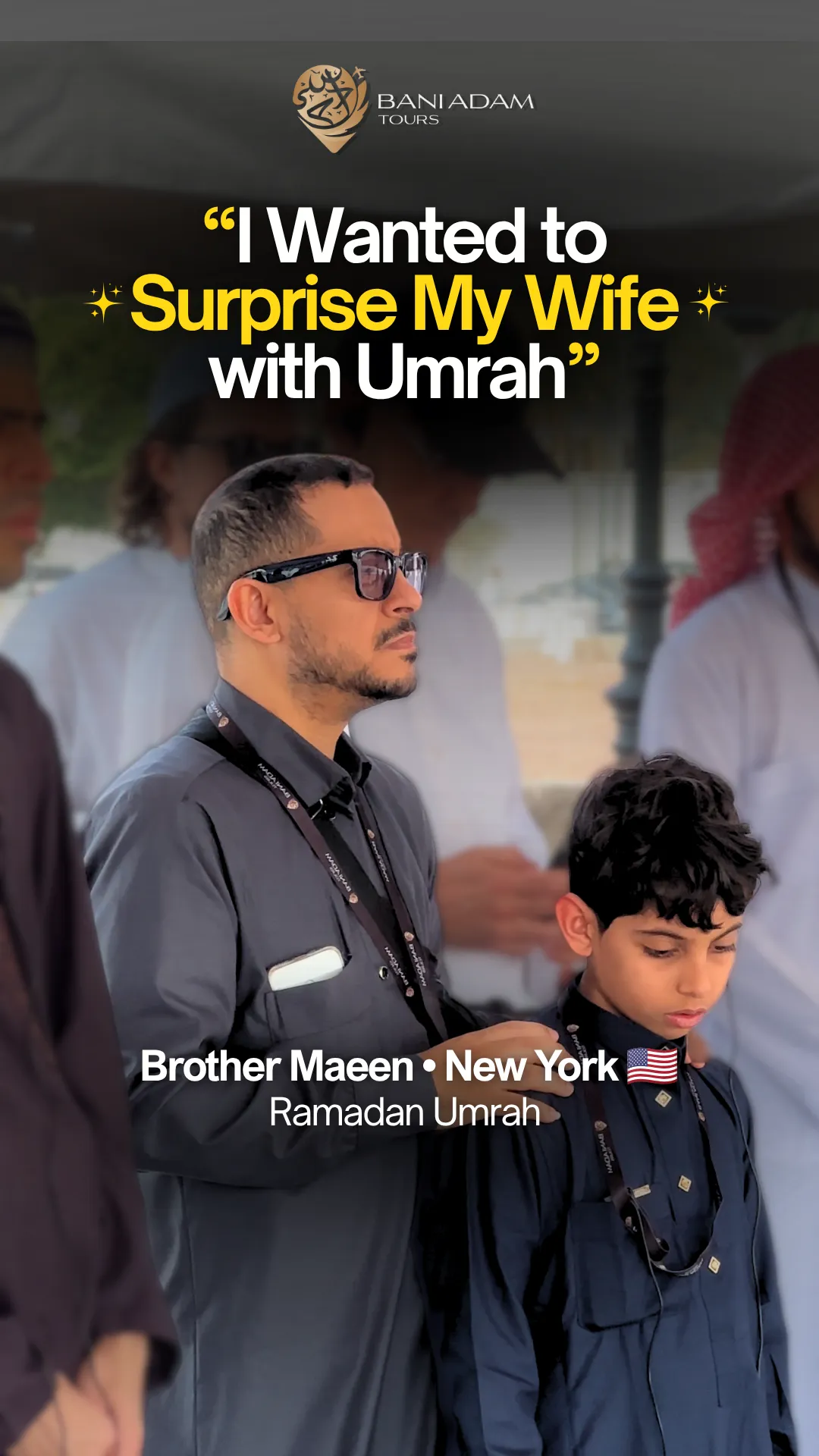Maeen Ali from New York sharing his Umrah testimonial about surprising his wife with the Ramadan Umrah package with Bani Adam Tours