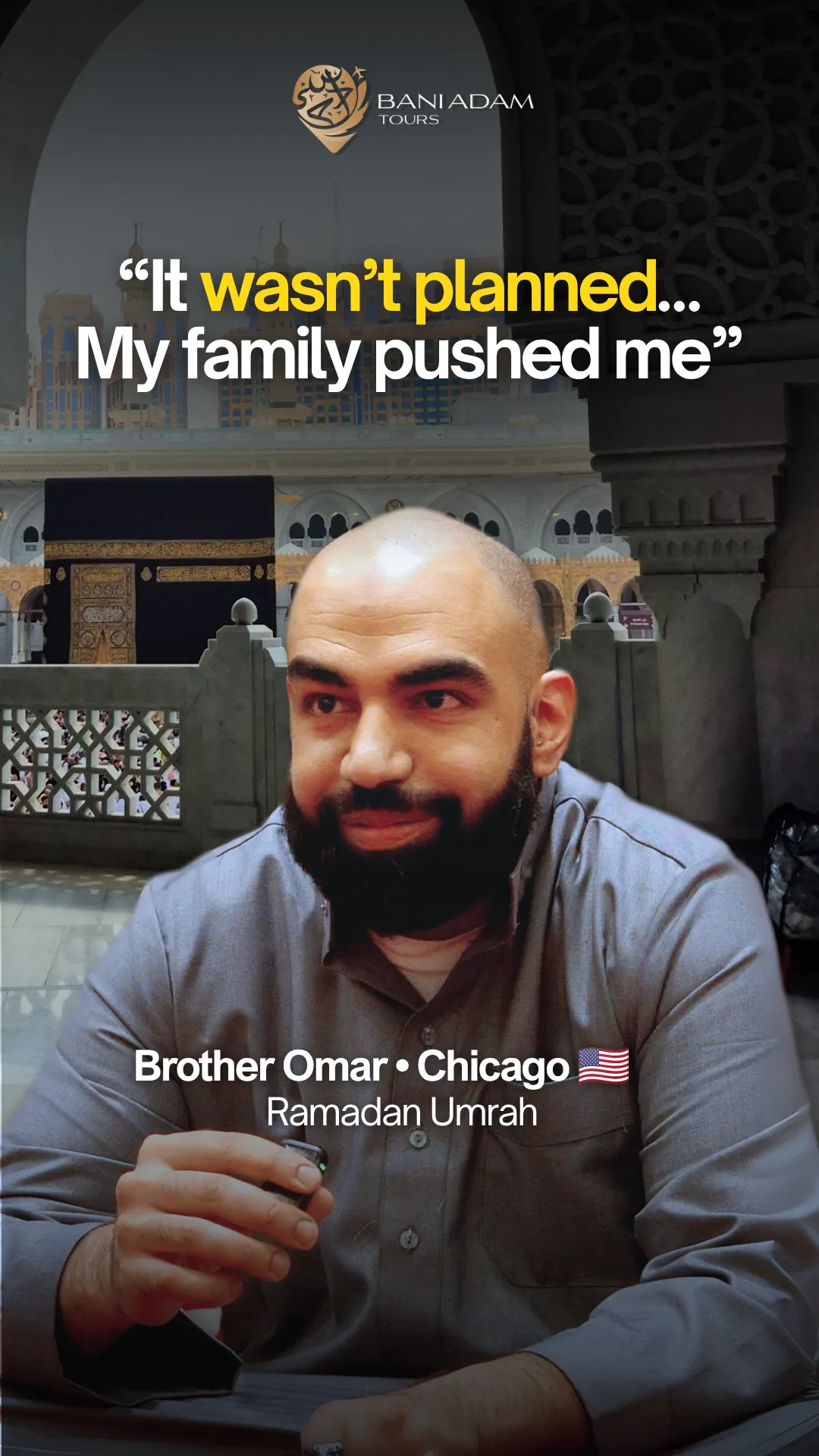 Omar from Chicago sharing his Umrah testimonial about the all-inclusive Ramadan Umrah package with Bani Adam Tours