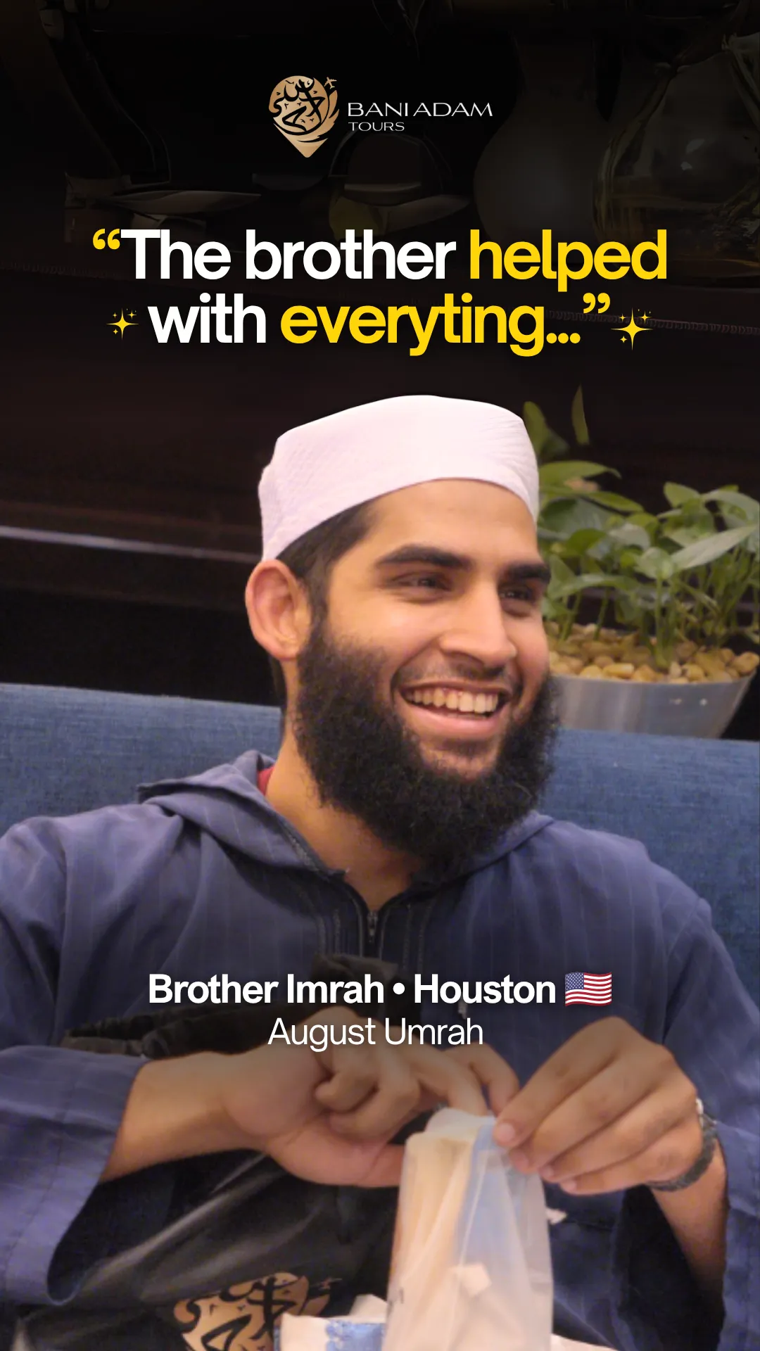Imran from Texas sharing his Umrah testimonial about custom flight and travel support on the Summer Umrah package with Bani Adam Tours
