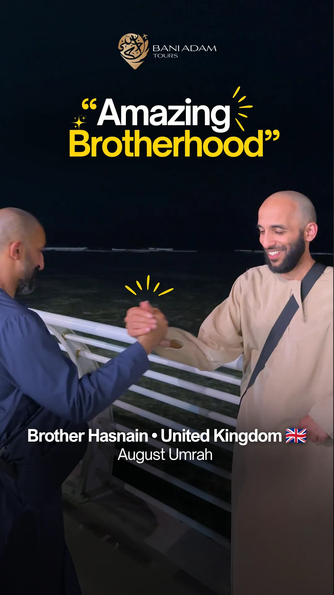 Hasnain from the United Kingdom sharing his Umrah testimonial about pre-trip support on the Summer Umrah package with Bani Adam Tours