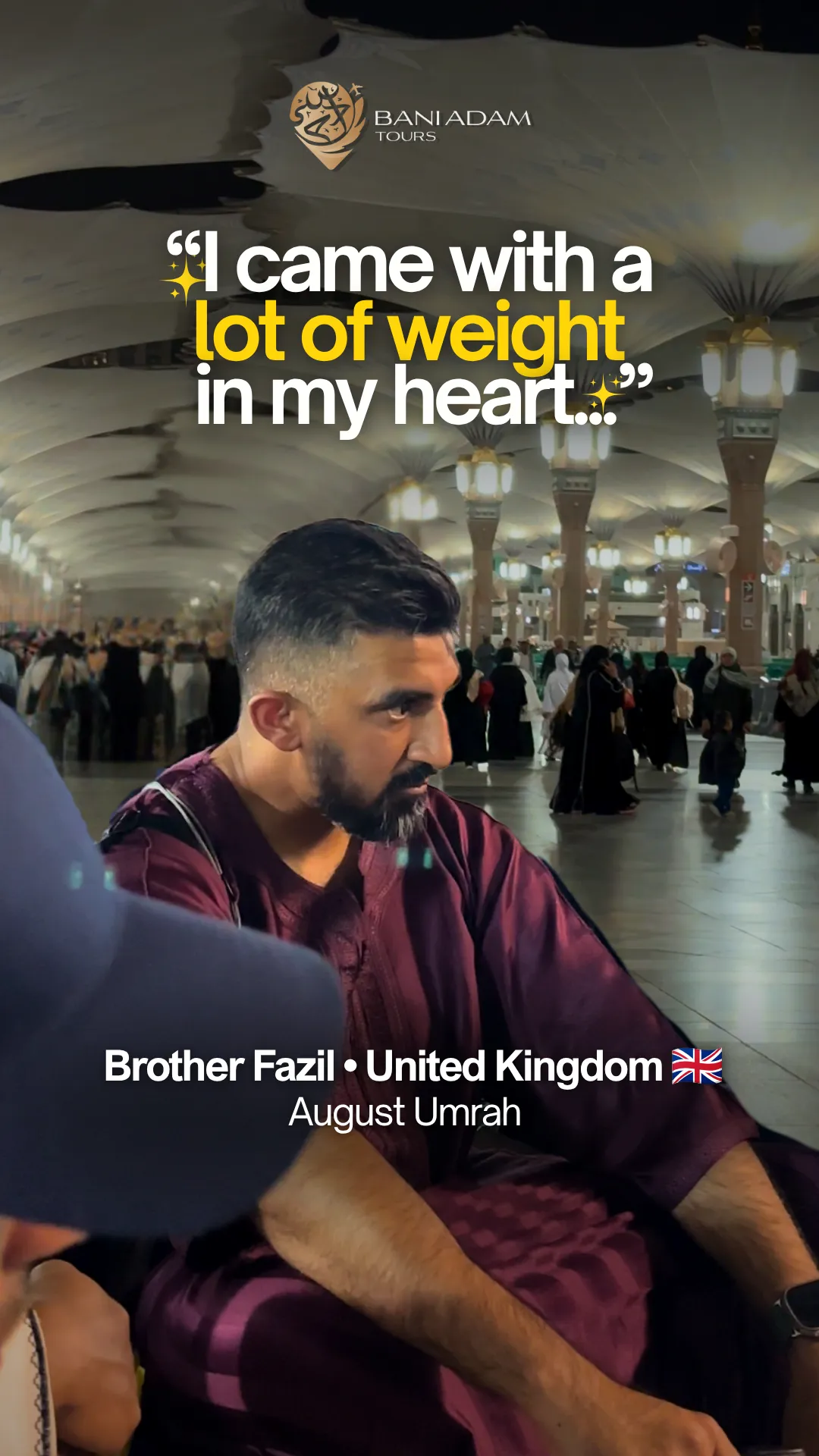 Fazil from the United Kingdom sharing his Umrah testimonial about traveling in his forties on the Summer Umrah package with Bani Adam Tours