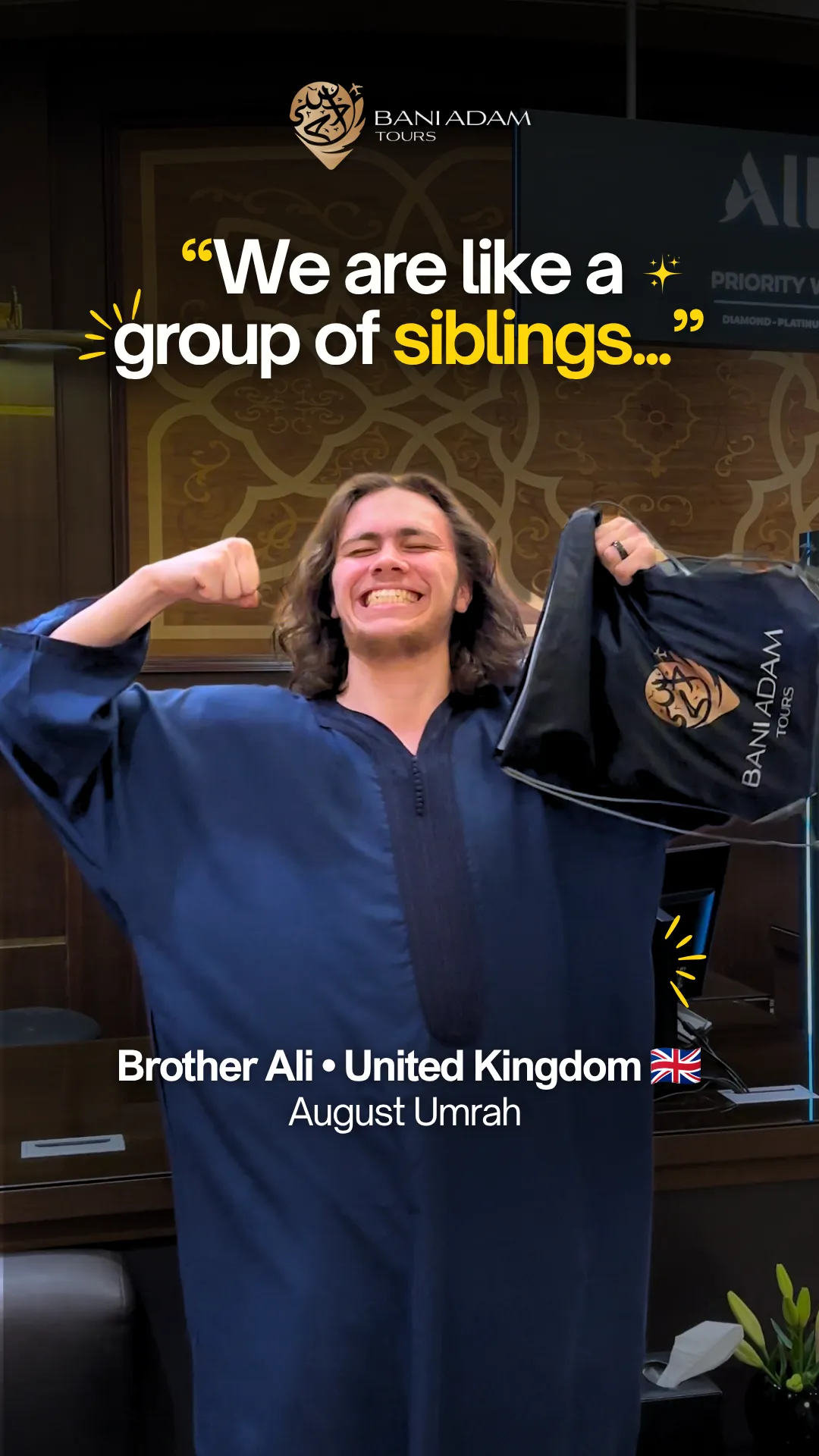 Ali from the United Kingdom sharing his Umrah testimonial about friendships on the Summer Umrah package with Bani Adam Tours