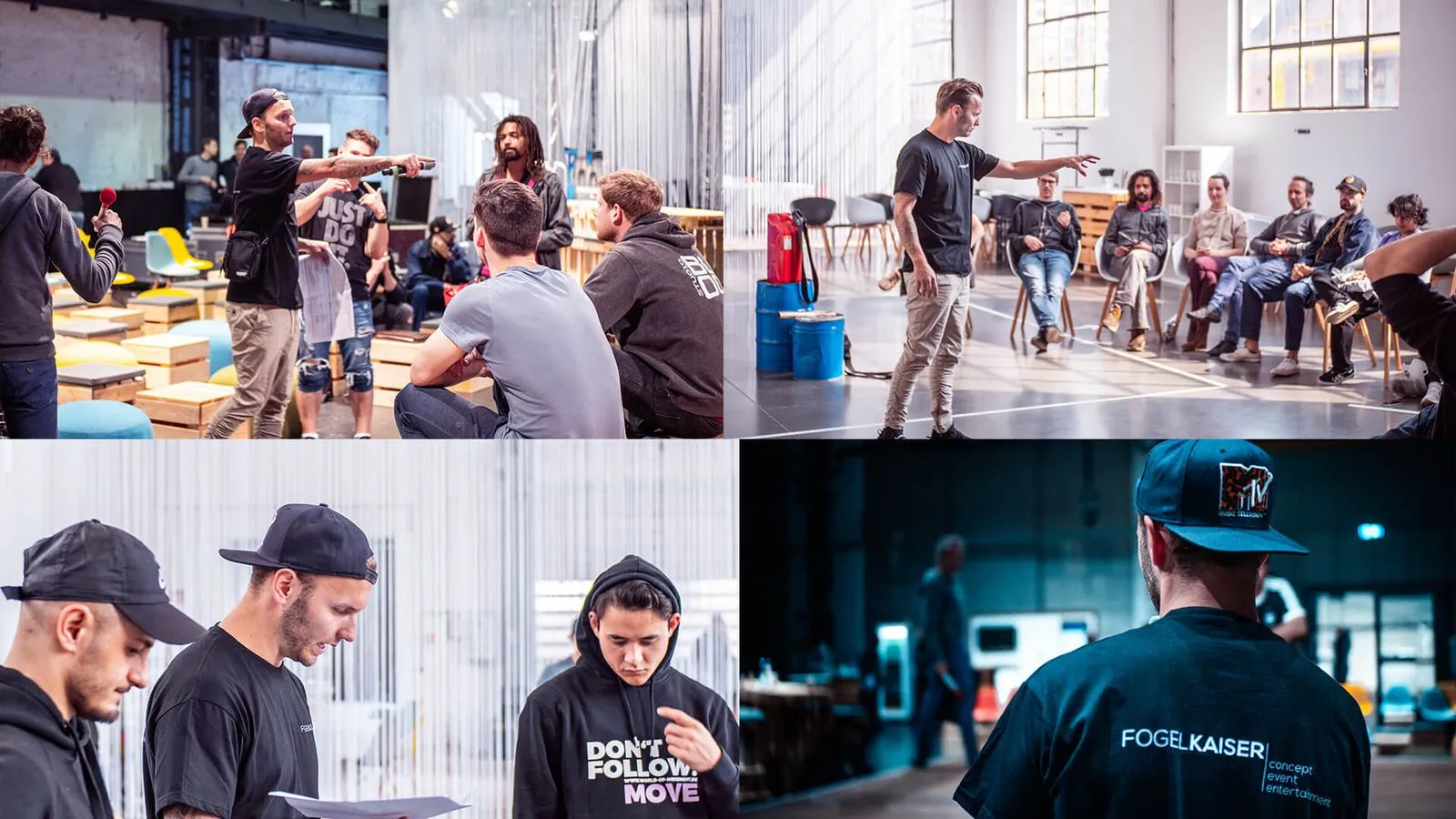 Mehrere Szenen mit jungen Erwachsenen in einem modernen Innenraum, die an einer kreativen Diskussion oder Probe teilnehmen.