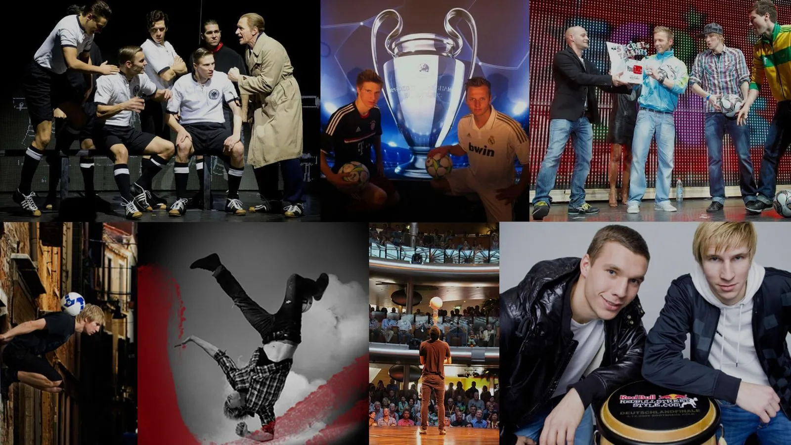 Collage mit sechs Bildern: Gruppe von Männern in Fußballtrikots auf Bühne, zwei Männer vor Champions-League-Pokal, Gruppe mit YouTube-Auszeichnung, junger Mann beim Freistoß in urbaner Umgebung, Mann macht Salto auf Bühne vor Publikum, zwei Männer mit Red Bull Fußballtrick-Preis.