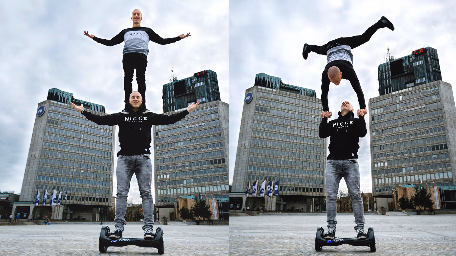 Zwei Personen stehen übereinander und der untere steht auf einem Hoverboard